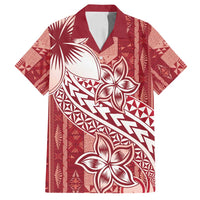 Tonga Kupesi Ngatu Family Matching Off Shoulder Maxi Dress and Hawaiian Shirt Vintage Red Plumeria