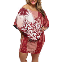 Tonga Kupesi Ngatu Family Matching Off Shoulder Short Dress and Hawaiian Shirt Vintage Red Plumeria