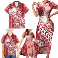 Tonga Kupesi Ngatu Family Matching Short Sleeve Bodycon Dress and Hawaiian Shirt Vintage Red Plumeria