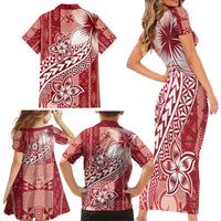 Tonga Kupesi Ngatu Family Matching Short Sleeve Bodycon Dress and Hawaiian Shirt Vintage Red Plumeria