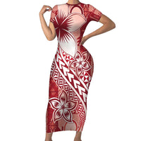Tonga Kupesi Ngatu Family Matching Short Sleeve Bodycon Dress and Hawaiian Shirt Vintage Red Plumeria