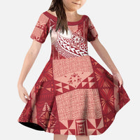 Tonga Kupesi Ngatu Kid Short Sleeve Dress Vintage Red Plumeria