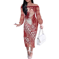 Tonga Kupesi Ngatu Off The Shoulder Long Sleeve Dress Vintage Red Plumeria