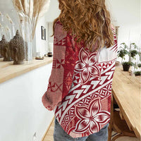 Tonga Kupesi Ngatu Women Casual Shirt Vintage Red Plumeria