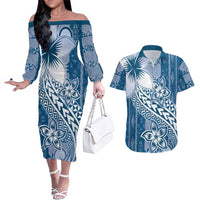 Tonga Kupesi Ngatu Couples Matching Off The Shoulder Long Sleeve Dress and Hawaiian Shirt Vintage Blue Plumeria