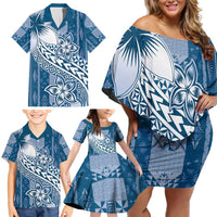 Tonga Kupesi Ngatu Family Matching Off Shoulder Short Dress and Hawaiian Shirt Vintage Blue Plumeria