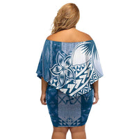 Tonga Kupesi Ngatu Family Matching Off Shoulder Short Dress and Hawaiian Shirt Vintage Blue Plumeria