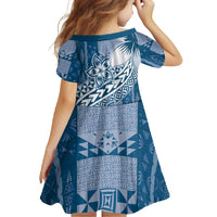 Tonga Kupesi Ngatu Family Matching Short Sleeve Bodycon Dress and Hawaiian Shirt Vintage Blue Plumeria