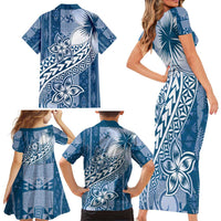 Tonga Kupesi Ngatu Family Matching Short Sleeve Bodycon Dress and Hawaiian Shirt Vintage Blue Plumeria