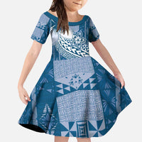 Tonga Kupesi Ngatu Family Matching Summer Maxi Dress and Hawaiian Shirt Vintage Blue Plumeria