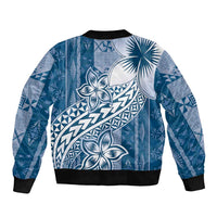 Tonga Kupesi Ngatu Sleeve Zip Bomber Jacket Vintage Blue Plumeria
