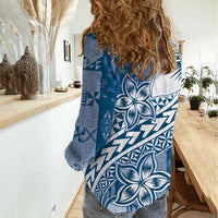 Tonga Kupesi Ngatu Women Casual Shirt Vintage Blue Plumeria