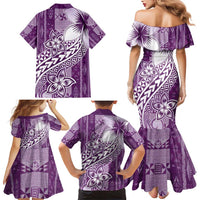Tonga Kupesi Ngatu Family Matching Mermaid Dress and Hawaiian Shirt Vintage Purple Plumeria