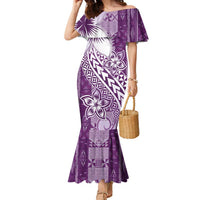 Tonga Kupesi Ngatu Family Matching Mermaid Dress and Hawaiian Shirt Vintage Purple Plumeria