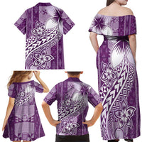 Tonga Kupesi Ngatu Family Matching Off Shoulder Maxi Dress and Hawaiian Shirt Vintage Purple Plumeria