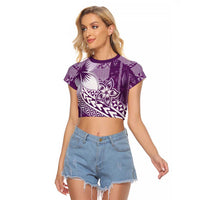 Tonga Kupesi Ngatu Raglan Cropped T Shirt Vintage Purple Plumeria LT05 Female Purple - Polynesian Pride