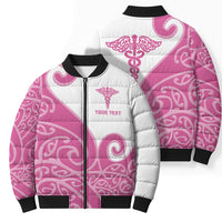 Personalised New Zealand Nurse Bomber Puffer Jacket Maori Koru Pink Version