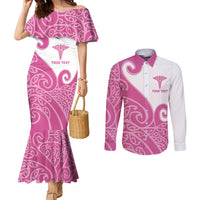 Personalised New Zealand Nurse Couples Matching Mermaid Dress and Long Sleeve Button Shirt Maori Koru Pink Version