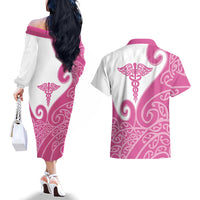 Personalised New Zealand Nurse Couples Matching Off The Shoulder Long Sleeve Dress and Hawaiian Shirt Maori Koru Pink Version LT05 - Polynesian Pride
