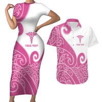 Personalised New Zealand Nurse Couples Matching Short Sleeve Bodycon Dress and Hawaiian Shirt Maori Koru Pink Version