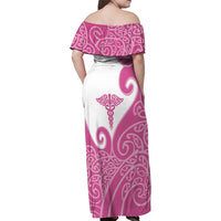 Personalised New Zealand Nurse Family Matching Off Shoulder Maxi Dress and Hawaiian Shirt Maori Koru Pink Version