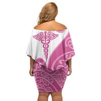 Personalised New Zealand Nurse Family Matching Off Shoulder Short Dress and Hawaiian Shirt Maori Koru Pink Version