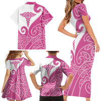 Personalised New Zealand Nurse Family Matching Short Sleeve Bodycon Dress and Hawaiian Shirt Maori Koru Pink Version