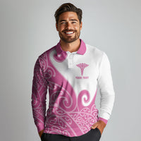 Personalised New Zealand Nurse Long Sleeve Polo Shirt Maori Koru Pink Version