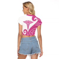 Personalised New Zealand Nurse Raglan Cropped T Shirt Maori Koru Pink Version