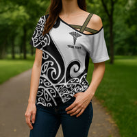 Personalised New Zealand Nurse Cross Shoulder Shirt Maori Koru Black Version