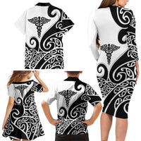 Personalised New Zealand Nurse Family Matching Long Sleeve Bodycon Dress and Hawaiian Shirt Maori Koru Black Version