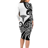 Personalised New Zealand Nurse Family Matching Long Sleeve Bodycon Dress and Hawaiian Shirt Maori Koru Black Version