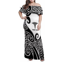 Personalised New Zealand Nurse Family Matching Off Shoulder Maxi Dress and Hawaiian Shirt Maori Koru Black Version