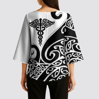 Personalised New Zealand Nurse Kimono Sleeve Blouse Maori Koru Black Version