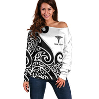 Personalised New Zealand Nurse Off Shoulder Sweater Maori Koru Black Version LT05 Women Black - Polynesian Pride