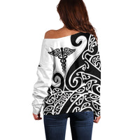 Personalised New Zealand Nurse Off Shoulder Sweater Maori Koru Black Version LT05 - Polynesian Pride