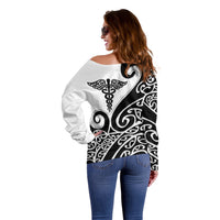 Personalised New Zealand Nurse Off Shoulder Sweater Maori Koru Black Version LT05 - Polynesian Pride