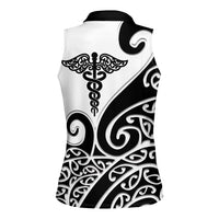 Personalised New Zealand Nurse Women Sleeveless Polo Shirt Maori Koru Black Version