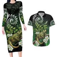 Aotearoa New Zealand Tuatara Couples Matching Long Sleeve Bodycon Dress and Hawaiian Shirt Maori Koru Art