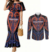 Custom Aotearoa Whakatohea Couples Matching Mermaid Dress and Long Sleeve Button Shirt Maori Tribal Pattern LT05 Navy - Polynesian Pride