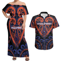 Custom Aotearoa Whakatohea Couples Matching Off Shoulder Maxi Dress and Hawaiian Shirt Maori Tribal Pattern LT05 Navy - Polynesian Pride