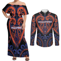 Custom Aotearoa Whakatohea Couples Matching Off Shoulder Maxi Dress and Long Sleeve Button Shirt Maori Tribal Pattern LT05 Navy - Polynesian Pride