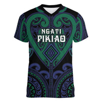 Custom Aotearoa Ngati Pikiao Women V-Neck T-Shirt Maori Tribal Pattern LT05 Female Green - Polynesian Pride
