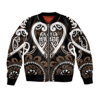 Custom Aotearoa Kati Mamoe Sleeve Zip Bomber Jacket Maori Tribal Pattern LT05 Unisex Brown - Polynesian Pride