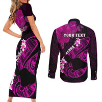 Personalized Hawaii Maui Couples Matching Short Sleeve Bodycon Dress and Long Sleeve Button Shirts Polynesian Fish Hook Hibiscus Pink Version LT05 - Polynesian Pride