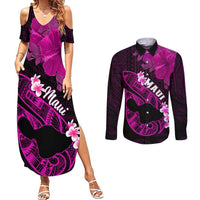 Personalized Hawaii Maui Couples Matching Summer Maxi Dress and Long Sleeve Button Shirts Polynesian Fish Hook Hibiscus Pink Version LT05 Pink - Polynesian Pride