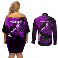 Personalized Hawaii Maui Couples Matching Off Shoulder Short Dress and Long Sleeve Button Shirts Polynesian Fish Hook Hibiscus Purple Version LT05 - Polynesian Pride