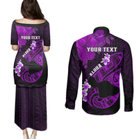 Personalized Hawaii Maui Couples Matching Puletasi Dress and Long Sleeve Button Shirts Polynesian Fish Hook Hibiscus Purple Version LT05 - Polynesian Pride