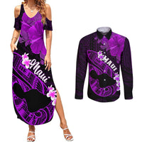 Personalized Hawaii Maui Couples Matching Summer Maxi Dress and Long Sleeve Button Shirts Polynesian Fish Hook Hibiscus Purple Version LT05 Purple - Polynesian Pride