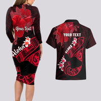 Personalized Hawaii Maui Couples Matching Long Sleeve Bodycon Dress and Hawaiian Shirt Polynesian Fish Hook Hibiscus Red Version LT05 - Polynesian Pride